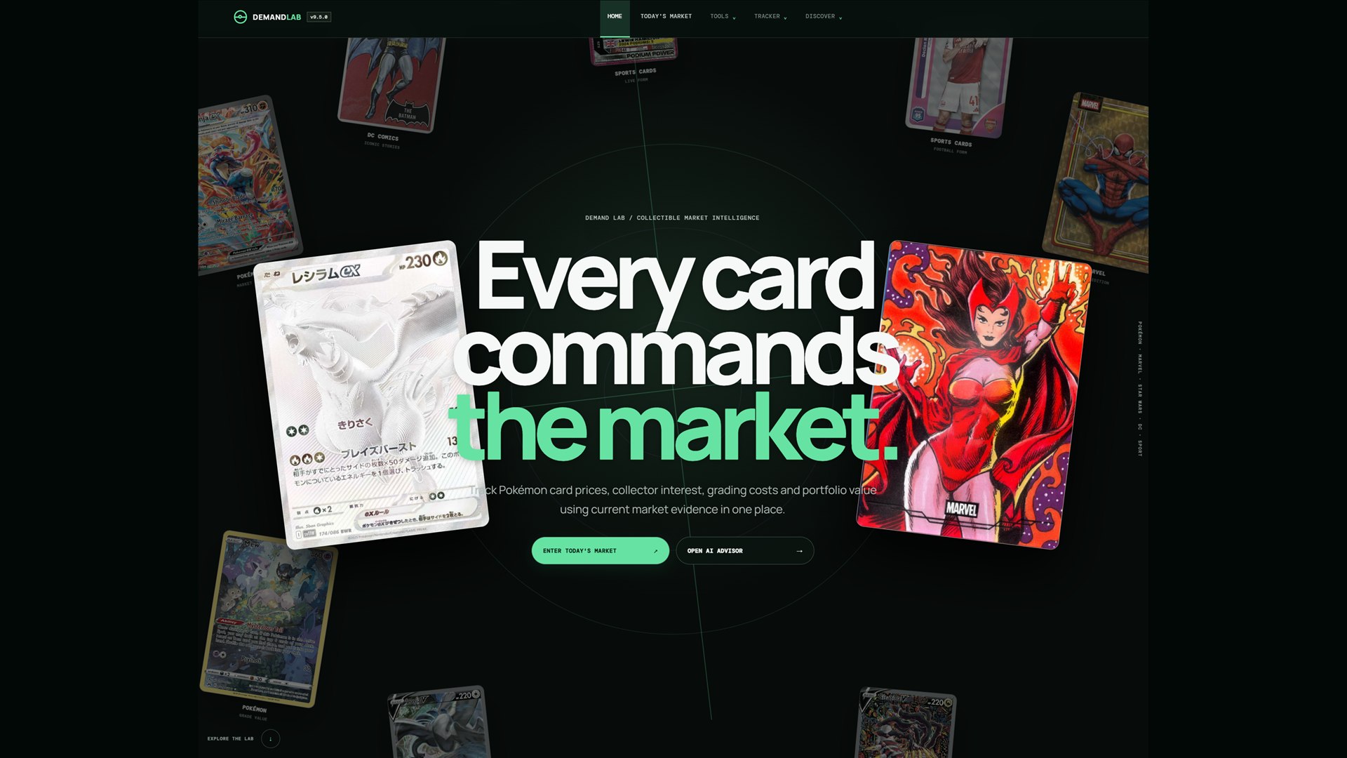 Pokémon Demand Lab market-intelligence platform showing its Every card commands the market interface